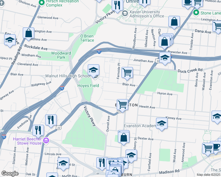 map of restaurants, bars, coffee shops, grocery stores, and more near 1516 Ruth Avenue in Cincinnati