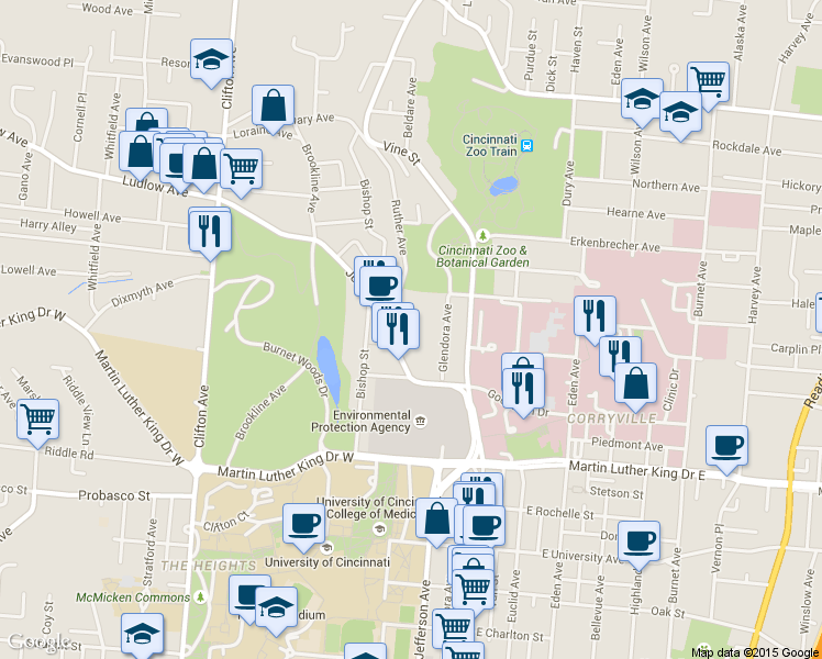 map of restaurants, bars, coffee shops, grocery stores, and more near 3250 Jefferson Avenue in Cincinnati