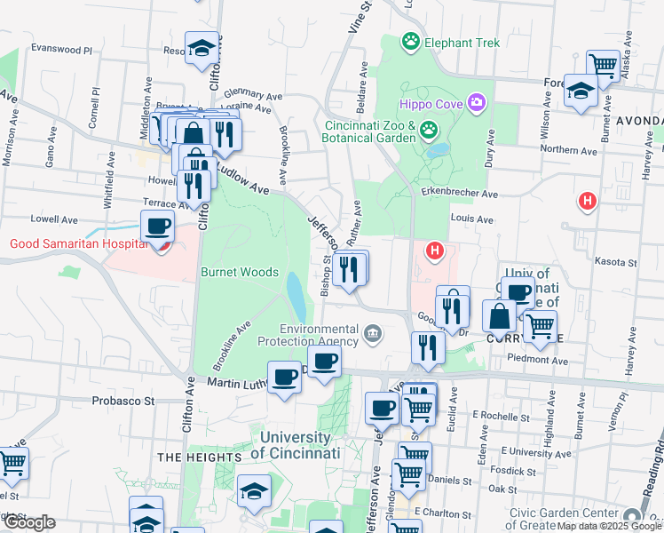 map of restaurants, bars, coffee shops, grocery stores, and more near 3239 Jefferson Avenue in Cincinnati