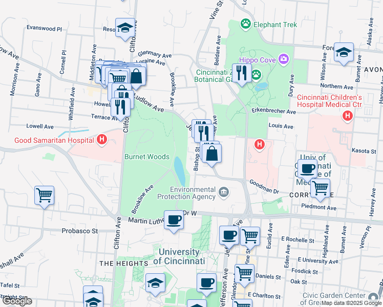 map of restaurants, bars, coffee shops, grocery stores, and more near 3239 Bishop Street in Cincinnati