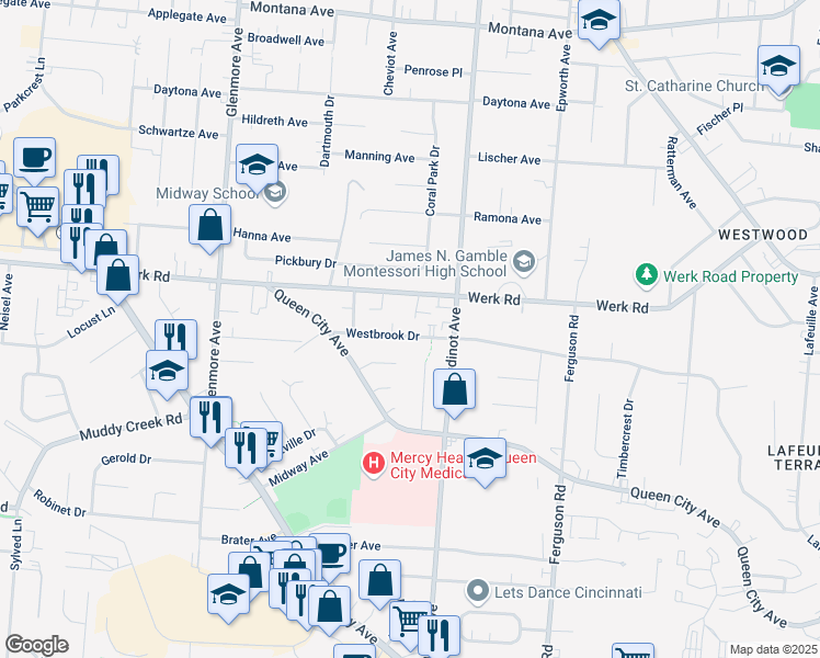 map of restaurants, bars, coffee shops, grocery stores, and more near 3130 Westbrook Drive in Cincinnati