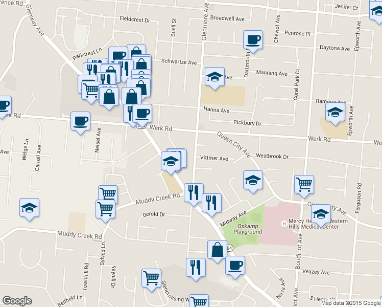 map of restaurants, bars, coffee shops, grocery stores, and more near 3062 Glenmore Avenue in Cincinnati
