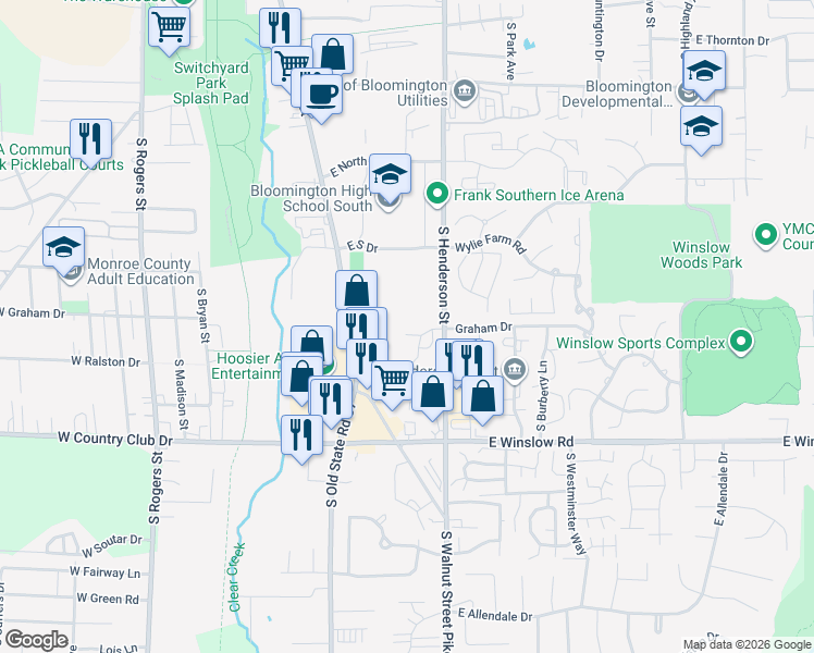 map of restaurants, bars, coffee shops, grocery stores, and more near 598 Graham Place in Bloomington