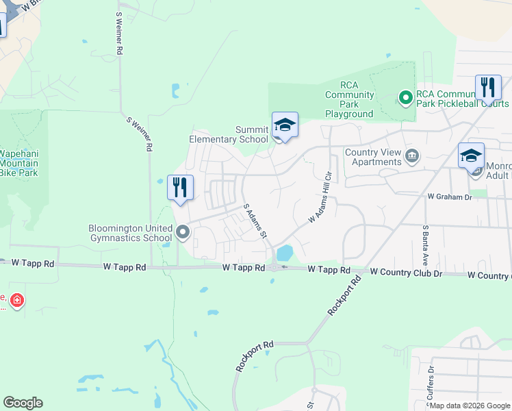 map of restaurants, bars, coffee shops, grocery stores, and more near 2655 South Adams Street in Bloomington