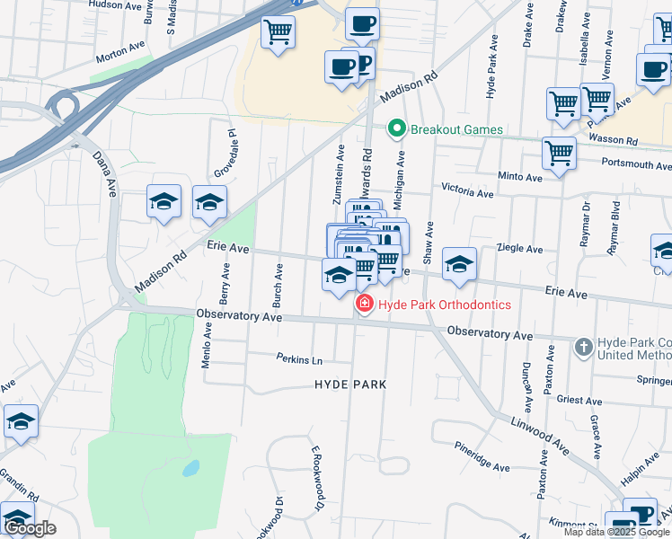 map of restaurants, bars, coffee shops, grocery stores, and more near 2639 Erie Avenue in Cincinnati