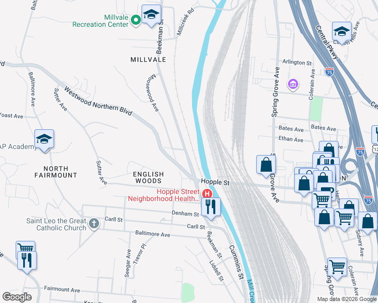 map of restaurants, bars, coffee shops, grocery stores, and more near 3048 Beekman Street in Cincinnati