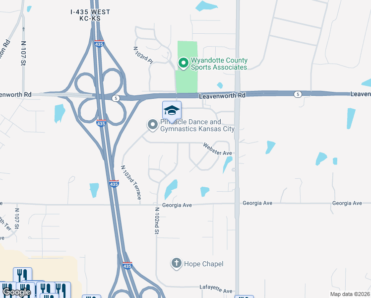 map of restaurants, bars, coffee shops, grocery stores, and more near 2900 North 101 Street in Kansas City