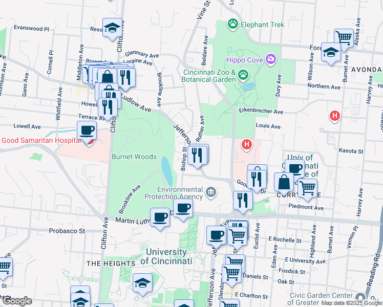 map of restaurants, bars, coffee shops, grocery stores, and more near 3239 Jefferson Avenue in Cincinnati