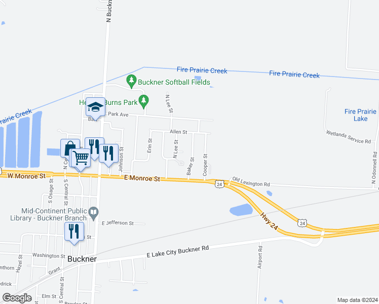 map of restaurants, bars, coffee shops, grocery stores, and more near 108 Baker Street in Buckner