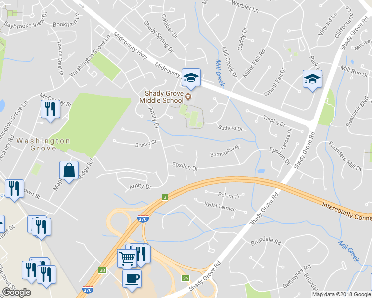 map of restaurants, bars, coffee shops, grocery stores, and more near 7901 Capricorn Terrace in Rockville