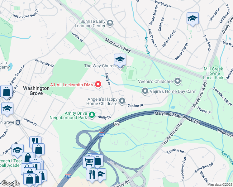 map of restaurants, bars, coffee shops, grocery stores, and more near 50 Capricorn Court in Derwood