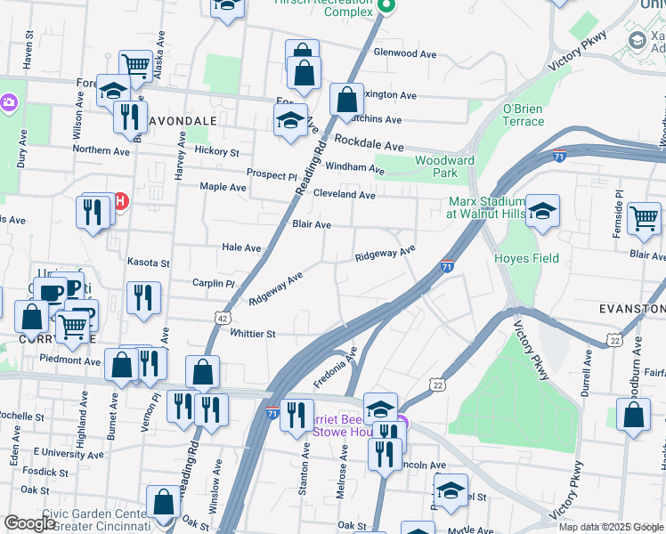 map of restaurants, bars, coffee shops, grocery stores, and more near 809 Ridgeway Avenue in Cincinnati