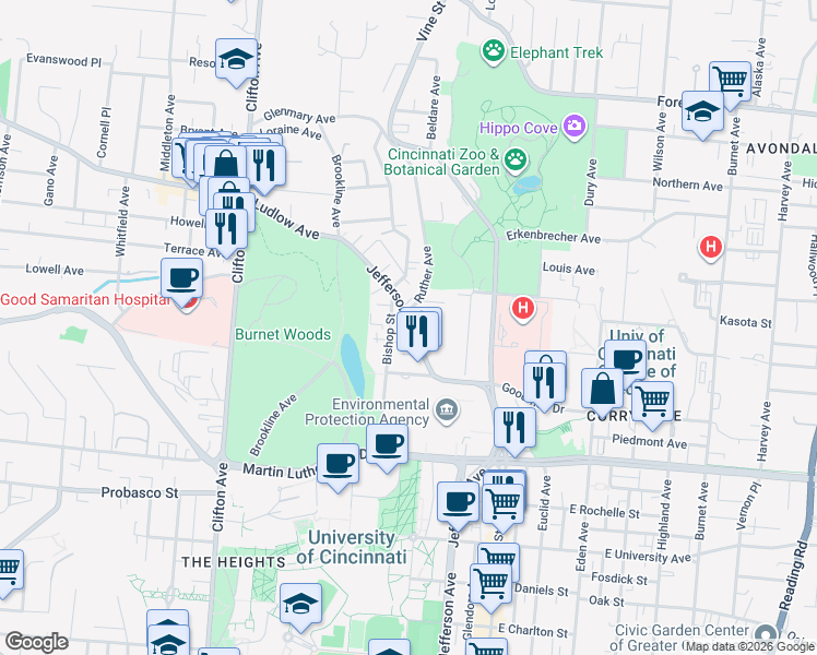 map of restaurants, bars, coffee shops, grocery stores, and more near 3250 Jefferson Avenue in Cincinnati