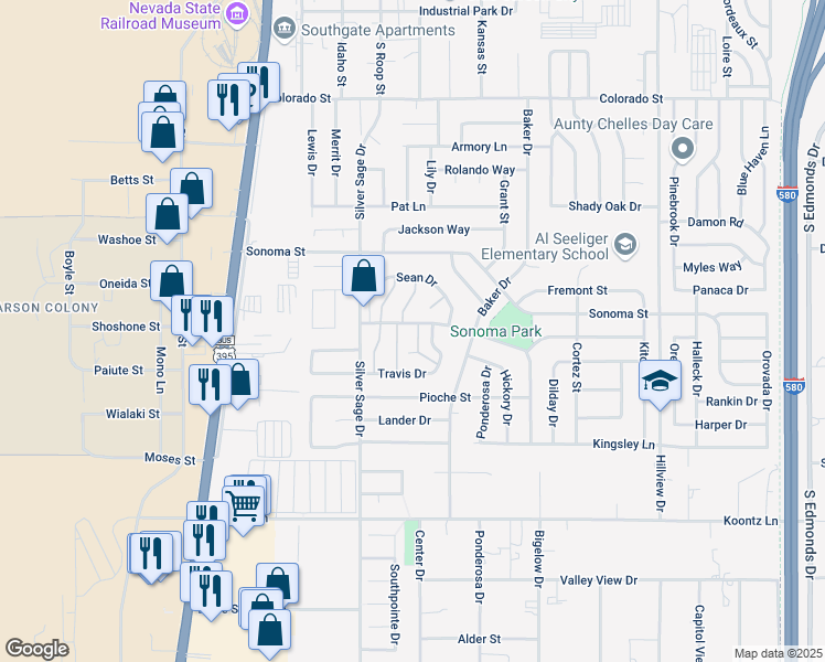 map of restaurants, bars, coffee shops, grocery stores, and more near 639 Stafford Way in Carson City
