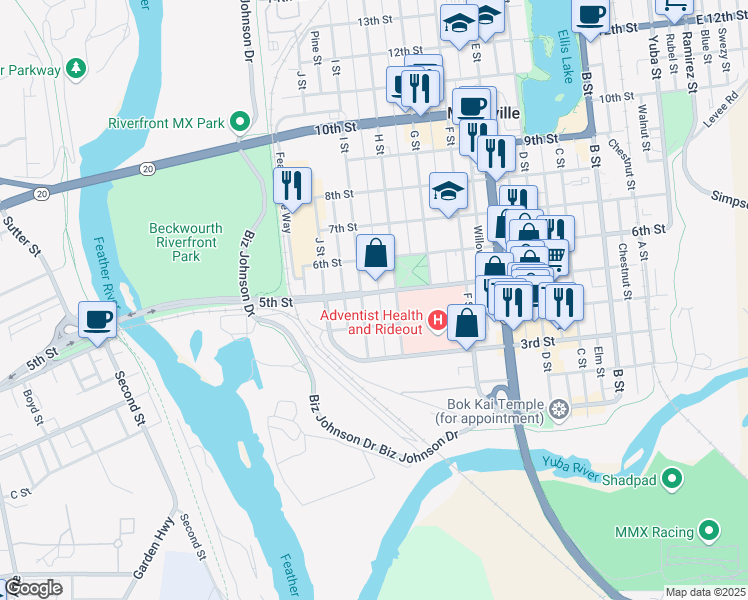 map of restaurants, bars, coffee shops, grocery stores, and more near 822 5th Street in Marysville