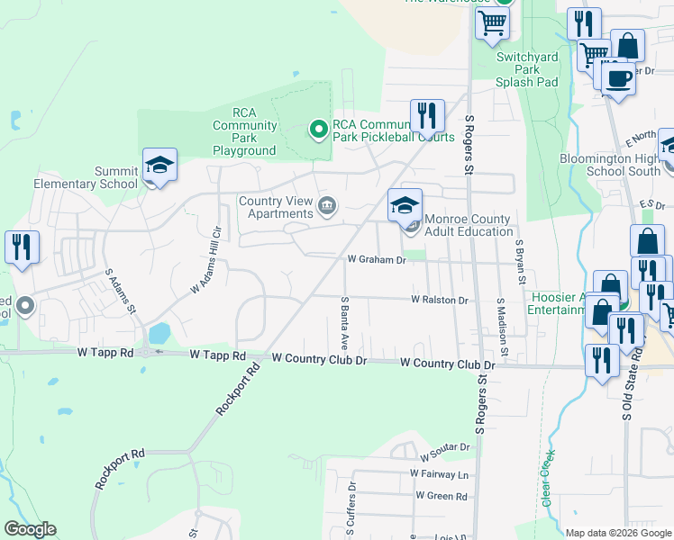 map of restaurants, bars, coffee shops, grocery stores, and more near 2607 South Rockport Road in Bloomington