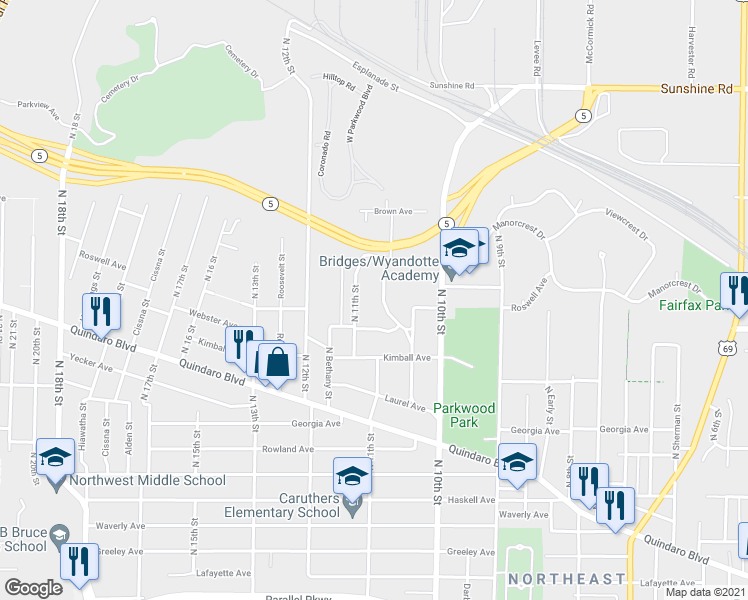 map of restaurants, bars, coffee shops, grocery stores, and more near 3002 Parkwood Boulevard in Kansas City