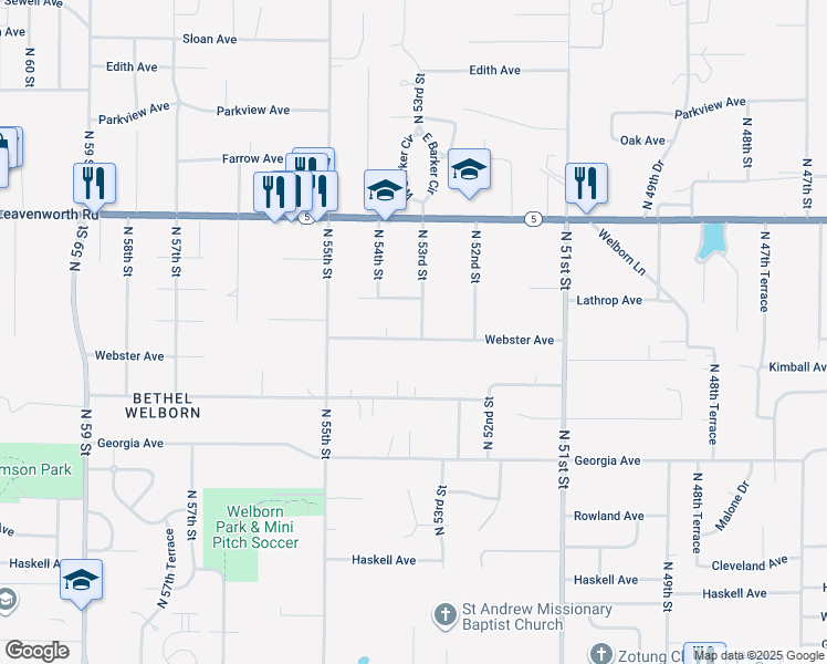 map of restaurants, bars, coffee shops, grocery stores, and more near 5310 Webster Avenue in Kansas City