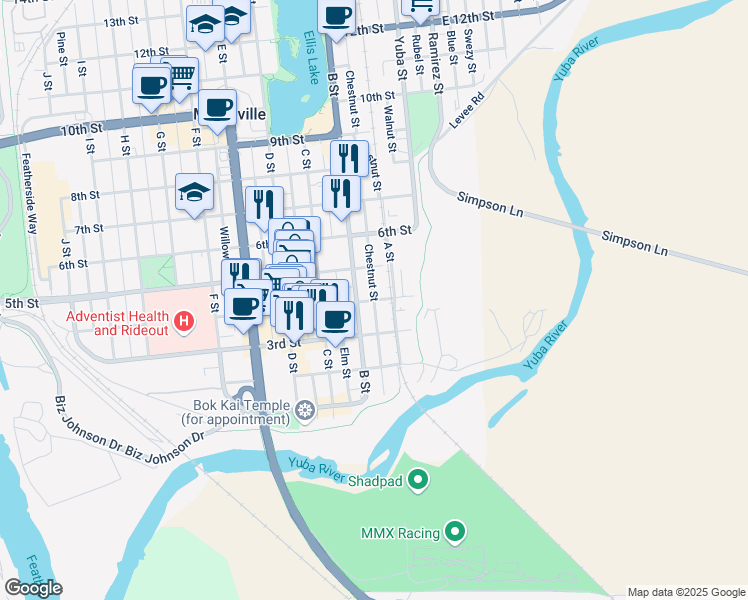 map of restaurants, bars, coffee shops, grocery stores, and more near 118 4th Street in Marysville