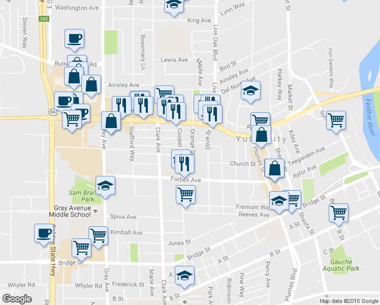 map of restaurants, bars, coffee shops, grocery stores, and more near 862 Orange Street in Yuba City