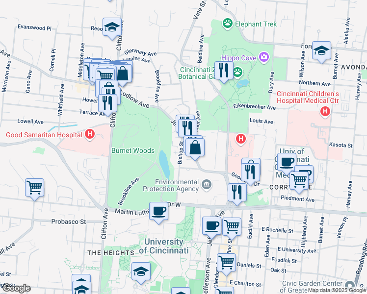 map of restaurants, bars, coffee shops, grocery stores, and more near 3238 Bishop Street in Cincinnati