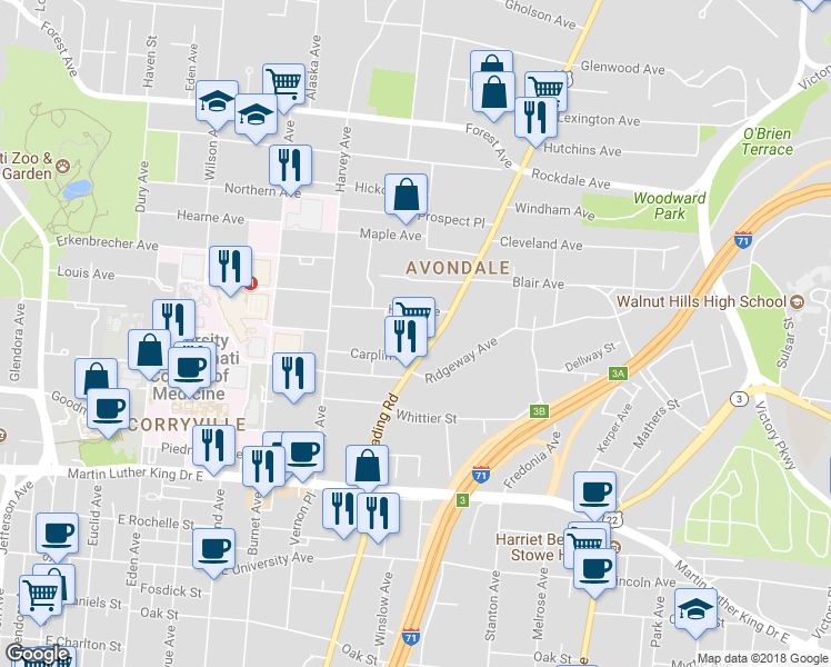 map of restaurants, bars, coffee shops, grocery stores, and more near 566 Stewart Pl in Cincinnati