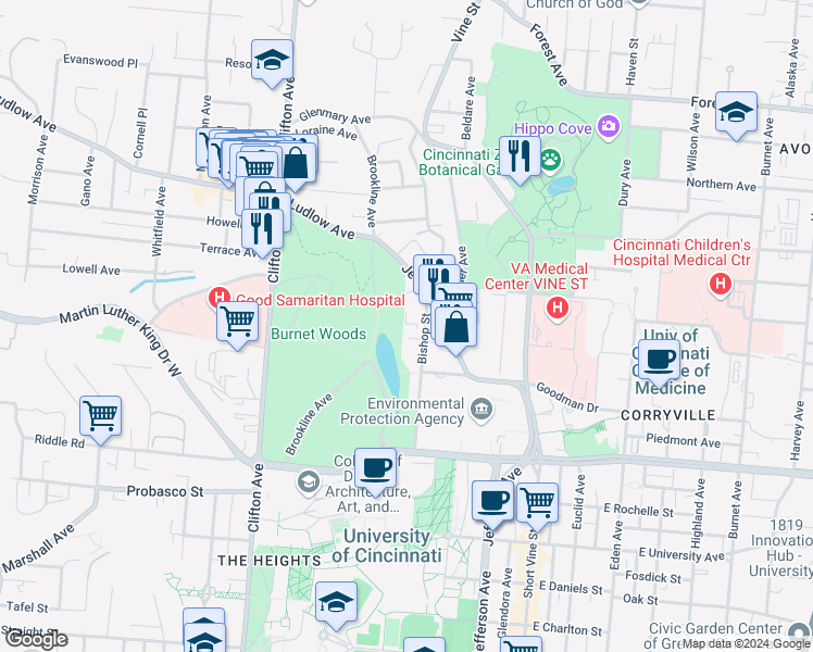 map of restaurants, bars, coffee shops, grocery stores, and more near 3239 Bishop Street in Cincinnati
