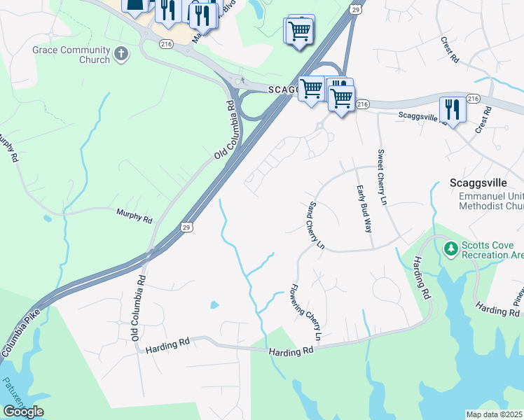 map of restaurants, bars, coffee shops, grocery stores, and more near 10012 American Pharoah Lane in Laurel