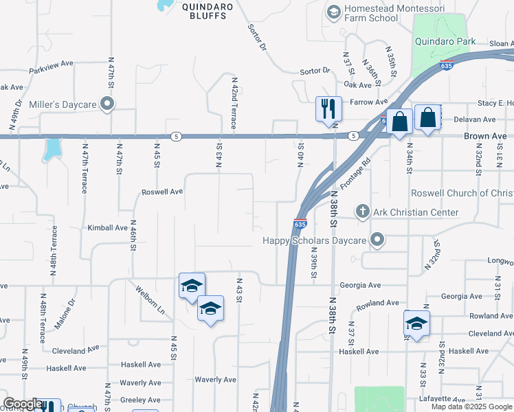 map of restaurants, bars, coffee shops, grocery stores, and more near 2908 North 42nd Street in Kansas City