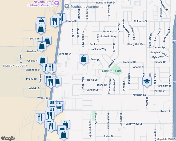 map of restaurants, bars, coffee shops, grocery stores, and more near 575 Stafford Way in Carson City