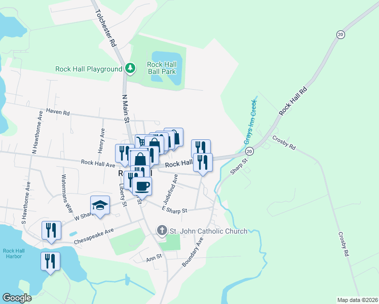 map of restaurants, bars, coffee shops, grocery stores, and more near 21499 Rock Hall Avenue in Rock Hall
