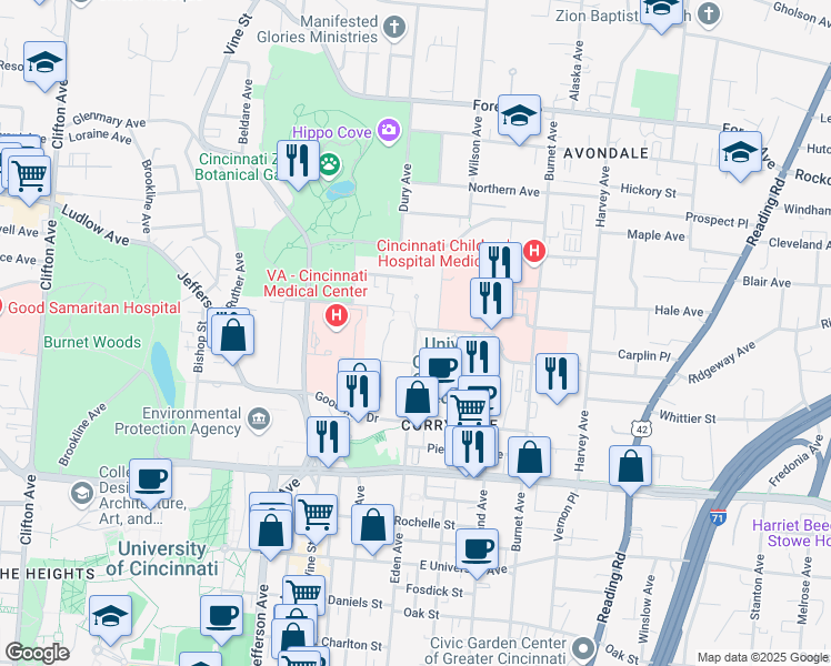 map of restaurants, bars, coffee shops, grocery stores, and more near 3255 Eden Avenue in Cincinnati