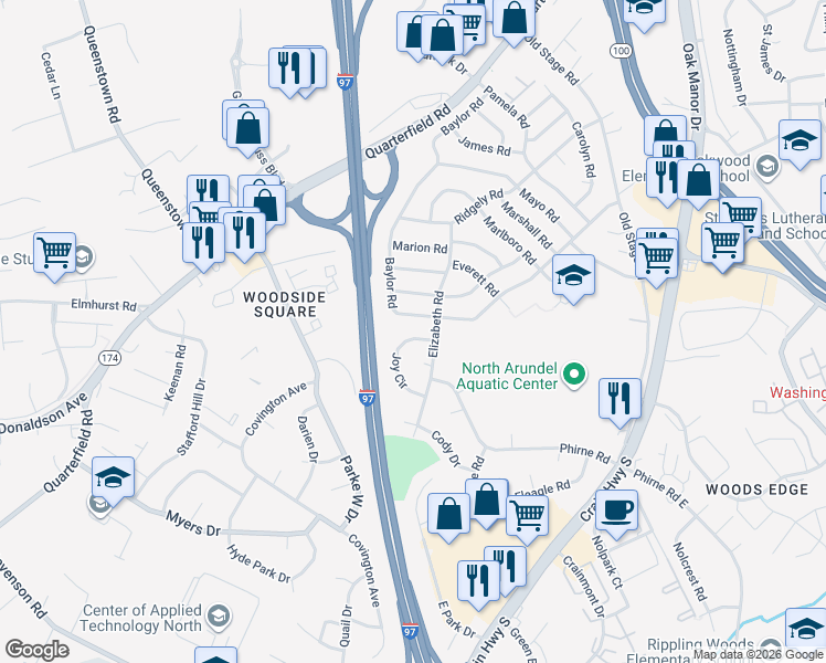 map of restaurants, bars, coffee shops, grocery stores, and more near 502 Joy Circle in Glen Burnie