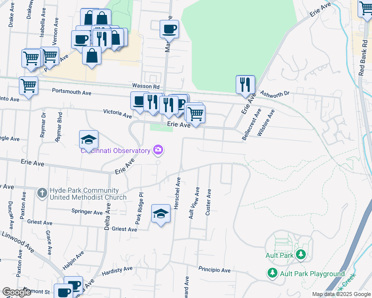 map of restaurants, bars, coffee shops, grocery stores, and more near 3540 Herschel View Street in Cincinnati