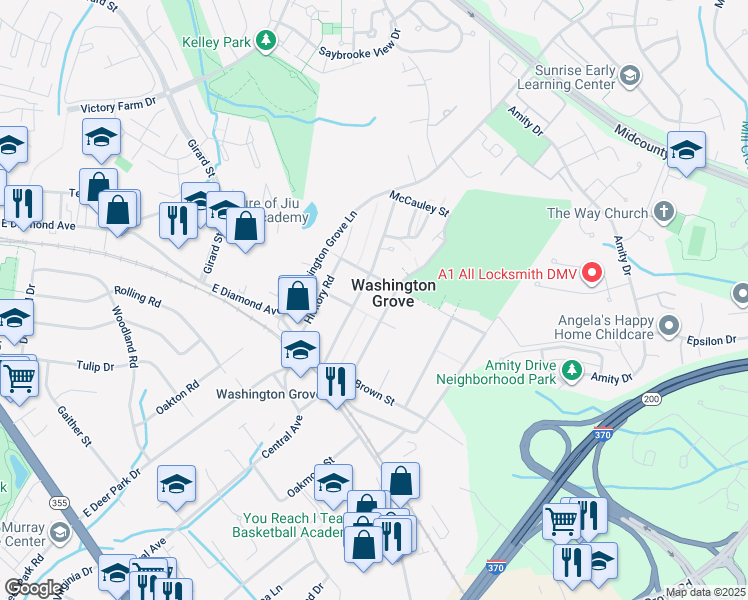 map of restaurants, bars, coffee shops, grocery stores, and more near Grove Avenue in Washington Grove