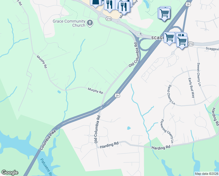 map of restaurants, bars, coffee shops, grocery stores, and more near Old Columbia Road in Fulton