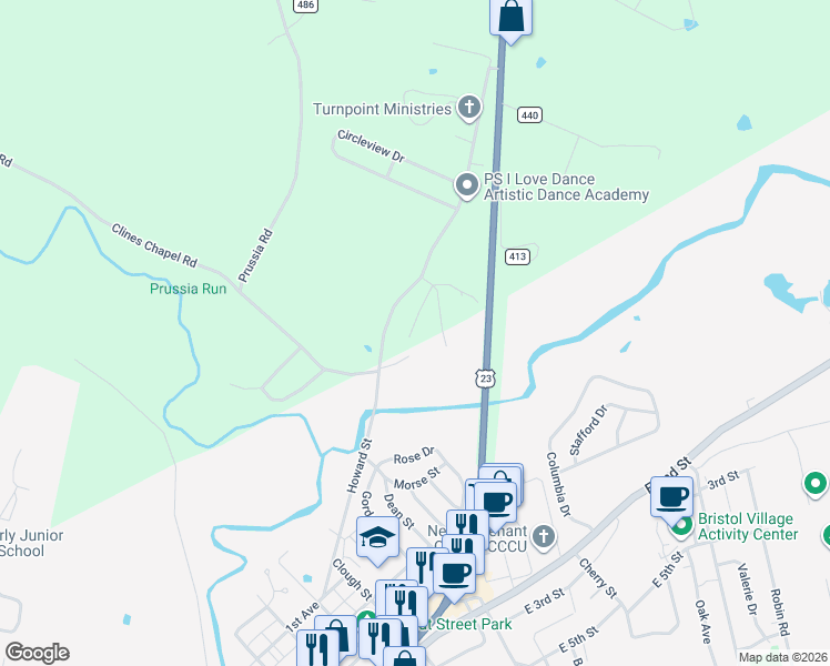map of restaurants, bars, coffee shops, grocery stores, and more near 860 Howard Road in Waverly