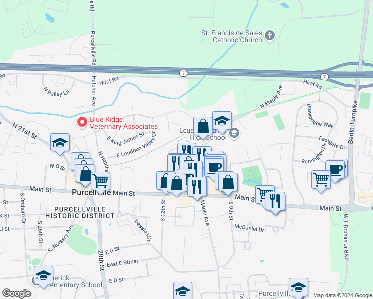 map of restaurants, bars, coffee shops, grocery stores, and more near 529 Wordsworth Circle in Purcellville