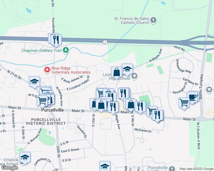 map of restaurants, bars, coffee shops, grocery stores, and more near 529 Wordsworth Circle in Purcellville