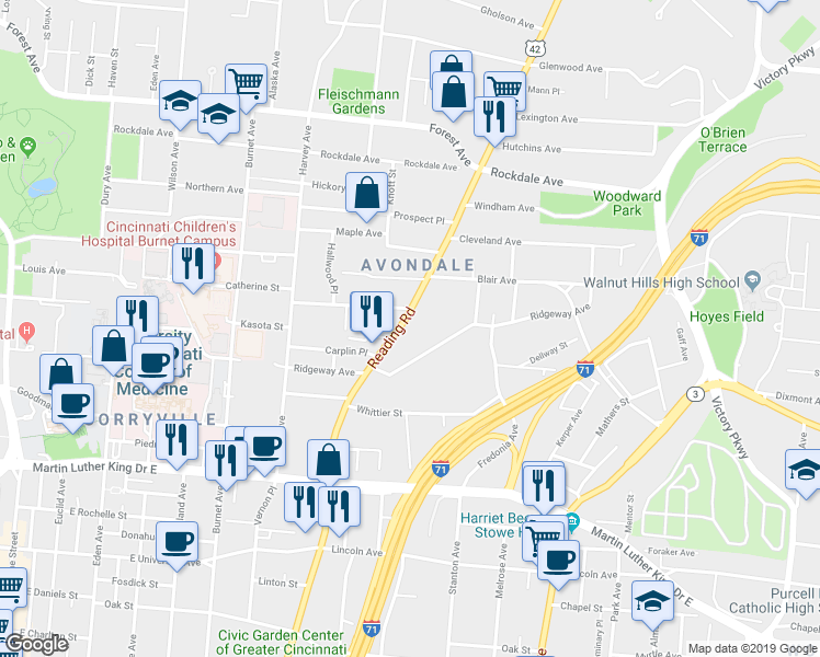 map of restaurants, bars, coffee shops, grocery stores, and more near 3330 Reading Road in Cincinnati