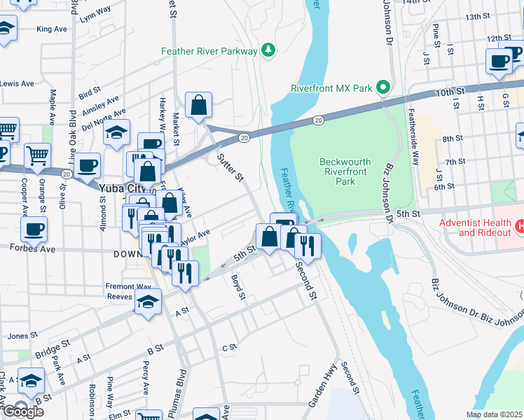 map of restaurants, bars, coffee shops, grocery stores, and more near 665 Sutter Street in Yuba City