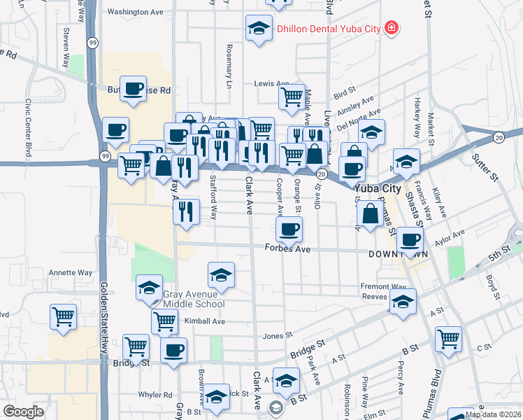map of restaurants, bars, coffee shops, grocery stores, and more near 725 Louise Avenue in Yuba City