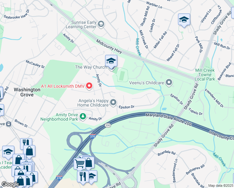 map of restaurants, bars, coffee shops, grocery stores, and more near 7903 Capricorn Terrace in Rockville