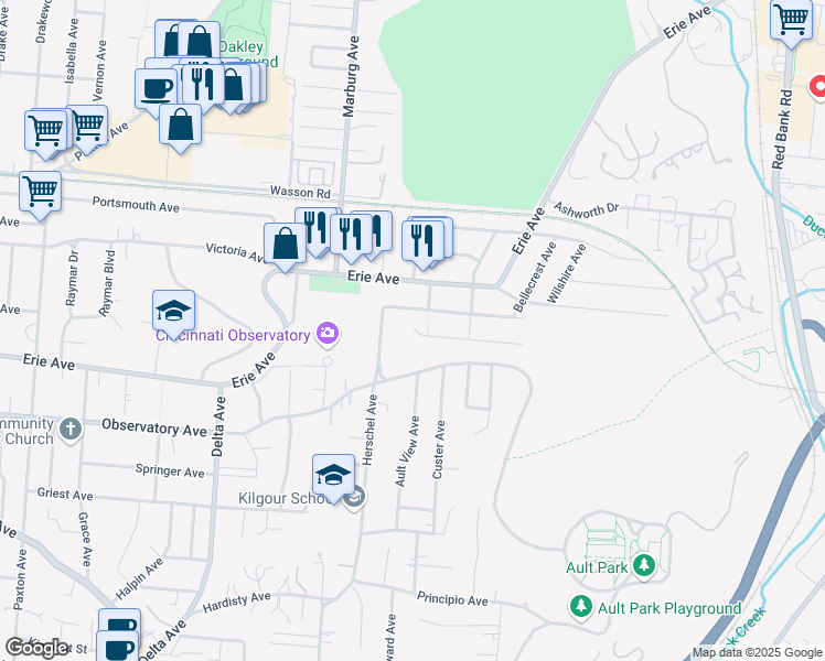 map of restaurants, bars, coffee shops, grocery stores, and more near 3540 Herschel View Street in Cincinnati