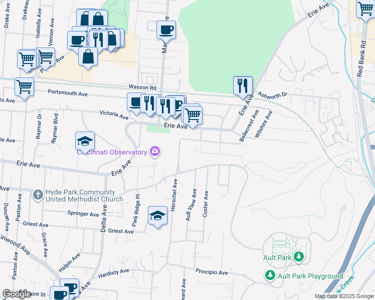 map of restaurants, bars, coffee shops, grocery stores, and more near 3540 Herschel View Street in Cincinnati