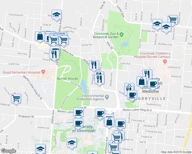 map of restaurants, bars, coffee shops, grocery stores, and more near 3239 Jefferson Avenue in Cincinnati