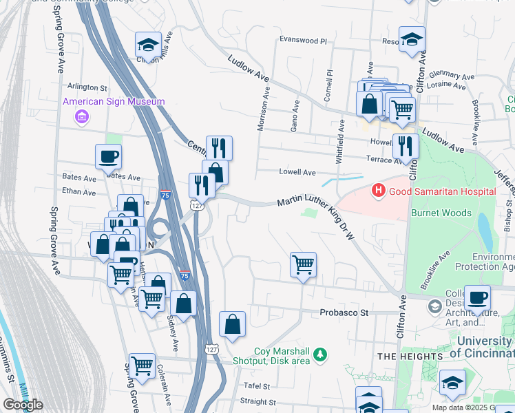 map of restaurants, bars, coffee shops, grocery stores, and more near 717 Martin Luther King Drive West in Cincinnati