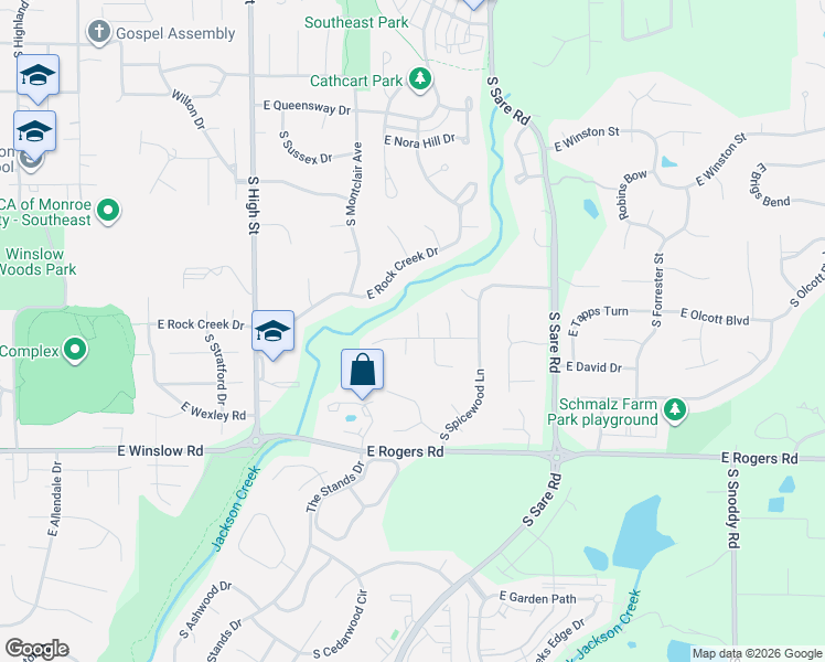 map of restaurants, bars, coffee shops, grocery stores, and more near 2545 Round Hill Lane in Bloomington