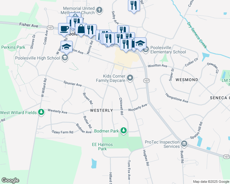 map of restaurants, bars, coffee shops, grocery stores, and more near 17308 Chiswell Road in Poolesville