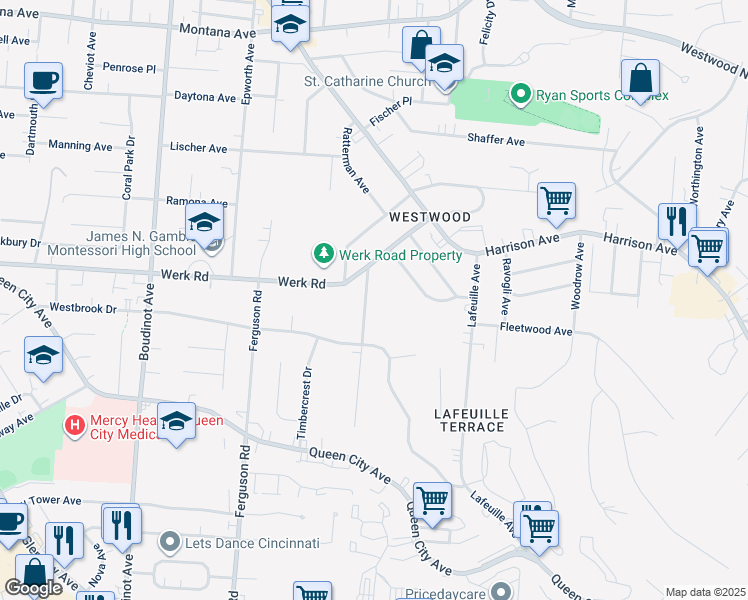 map of restaurants, bars, coffee shops, grocery stores, and more near 2946 Dunaway Avenue in Cincinnati